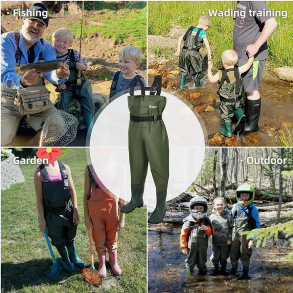 Ouzong Bootfoot Fishing Chest Waders Waterproof Hunting Camo Green US Kids Size1 main image 11